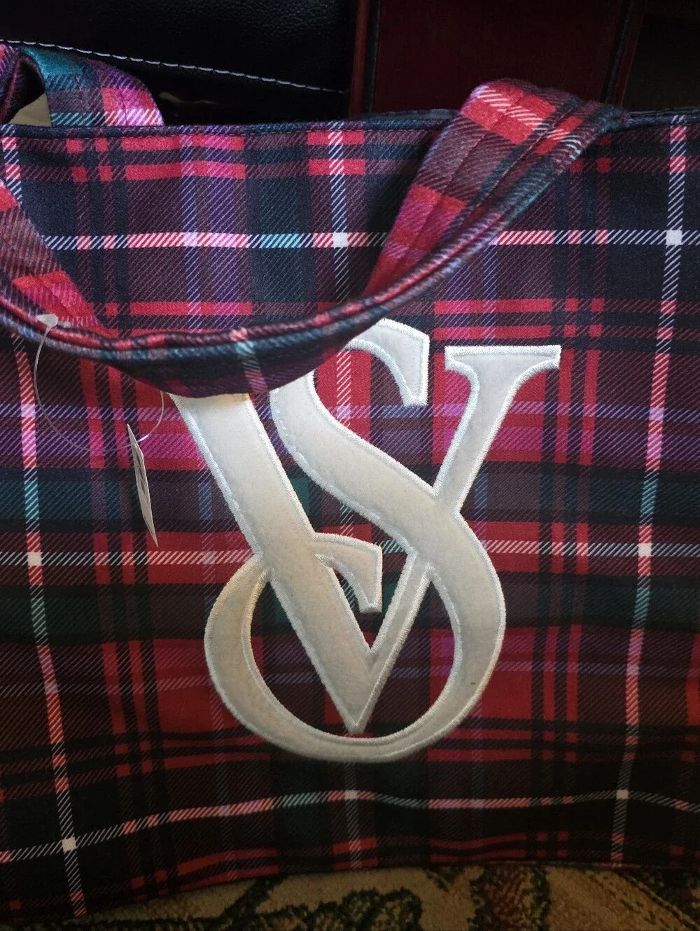 Victoria's Secret Christmas Tartan Tote Bag Plaid Red & Pink Sherpa Trim NWT
